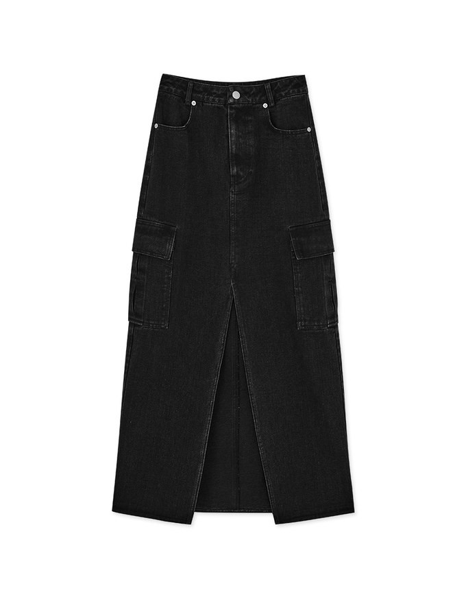 Cargo Style Front Slit Denim Jeans Maxi Skirt