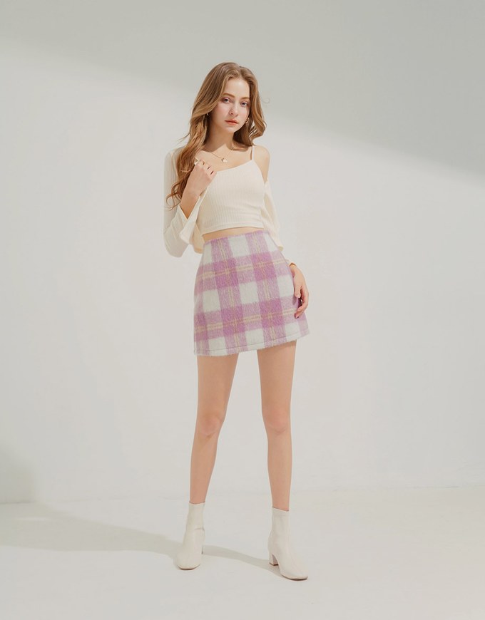 Plush Large Plaid Slit Skirt