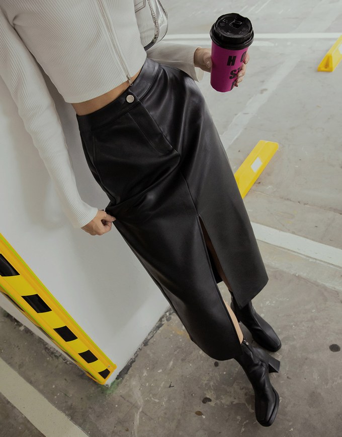 Front Slit Leather Maxi Skirt