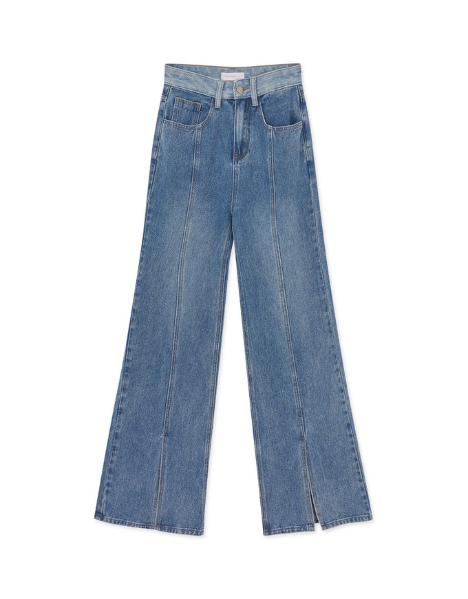 Blue Patchwork Slit Jeans