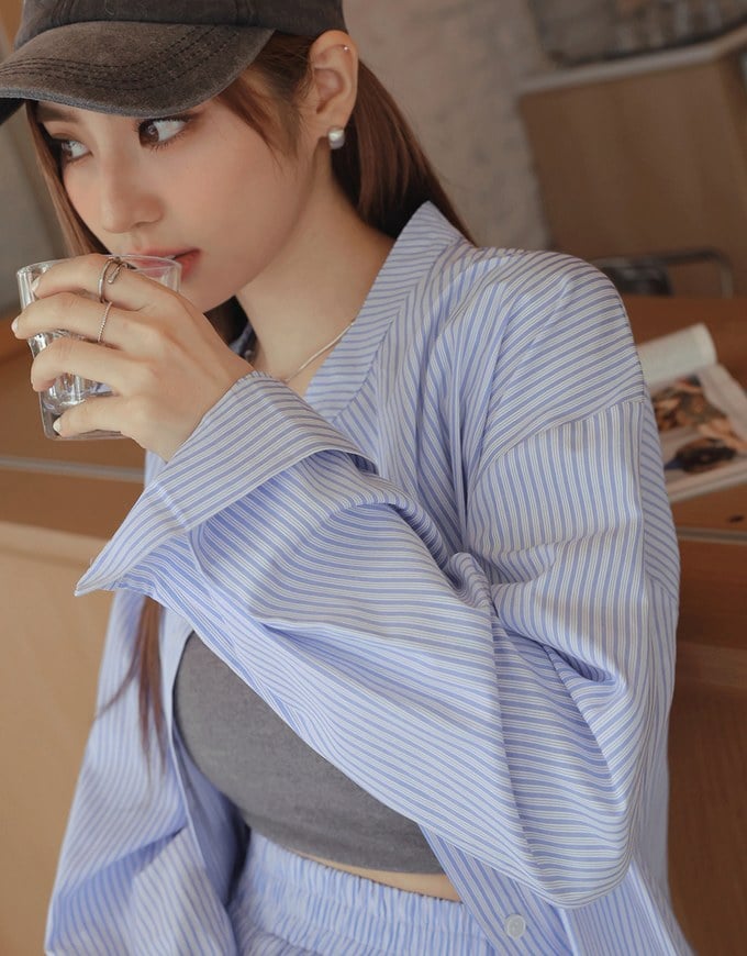 2WAY Contrast Striped Wide Blouse Shirt