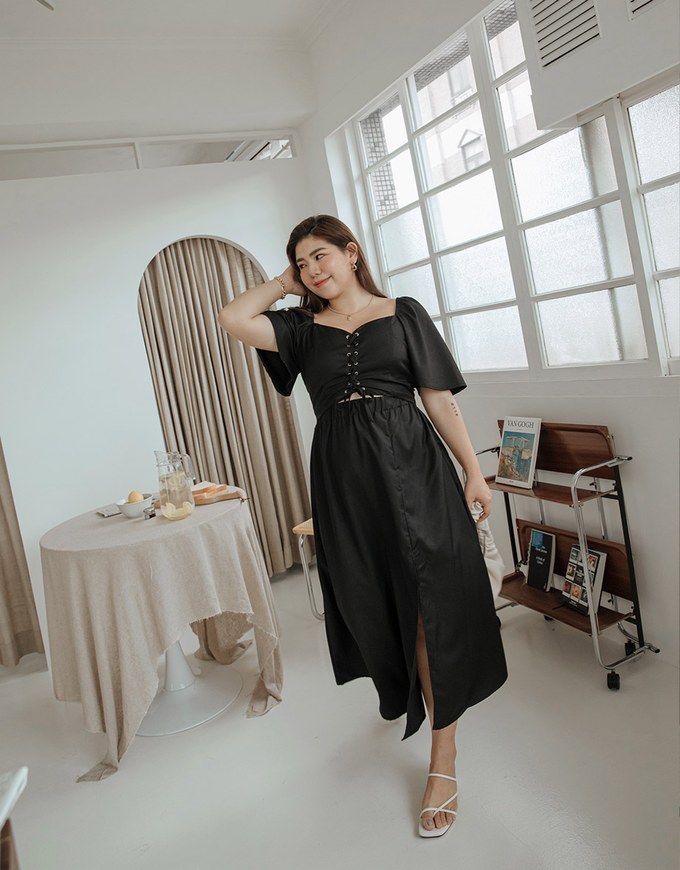 Vintage Front Cross Hollow Slit Midi Dress