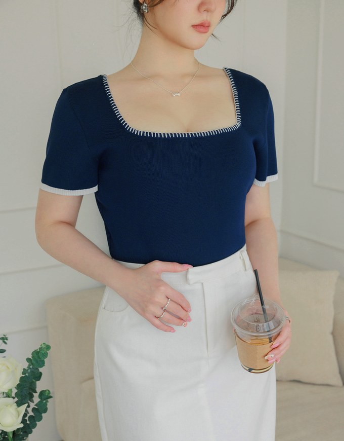 Square Neck Stitched Knit Top