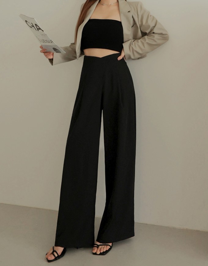 High Waisted Crossover Pleated Wide-Leg Pants