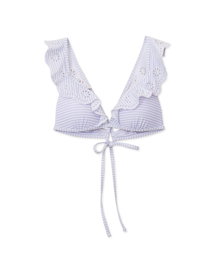 【PUSH IN】Striped Sweet Embroidered Back Tie Strap Bikini