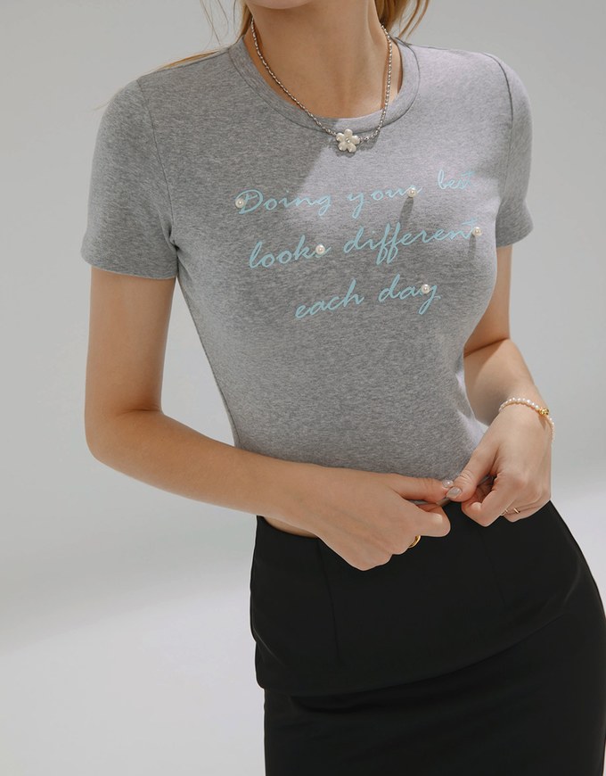 Alphabet Pearl Embellished Round Neck Tee Top