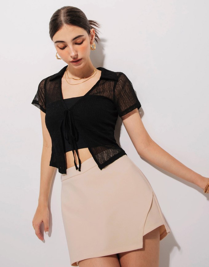 Open Collar Sheer Tie Strap Top