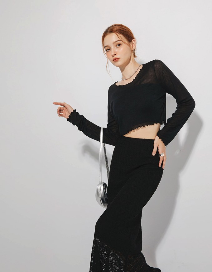 Sheer Ruffle Trim Cropped Top