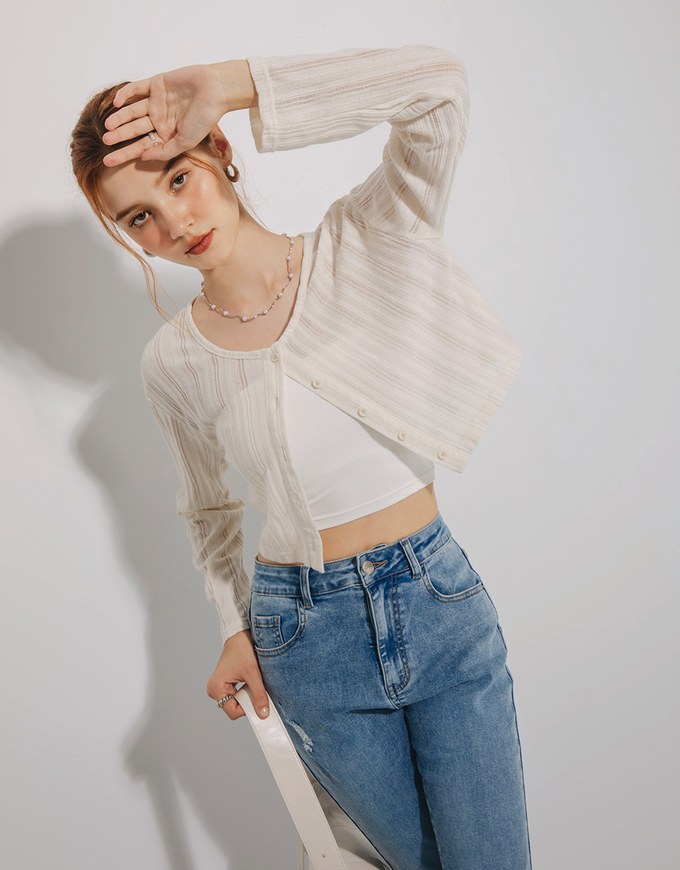 Vertical Stripe Sheer Button Down Top