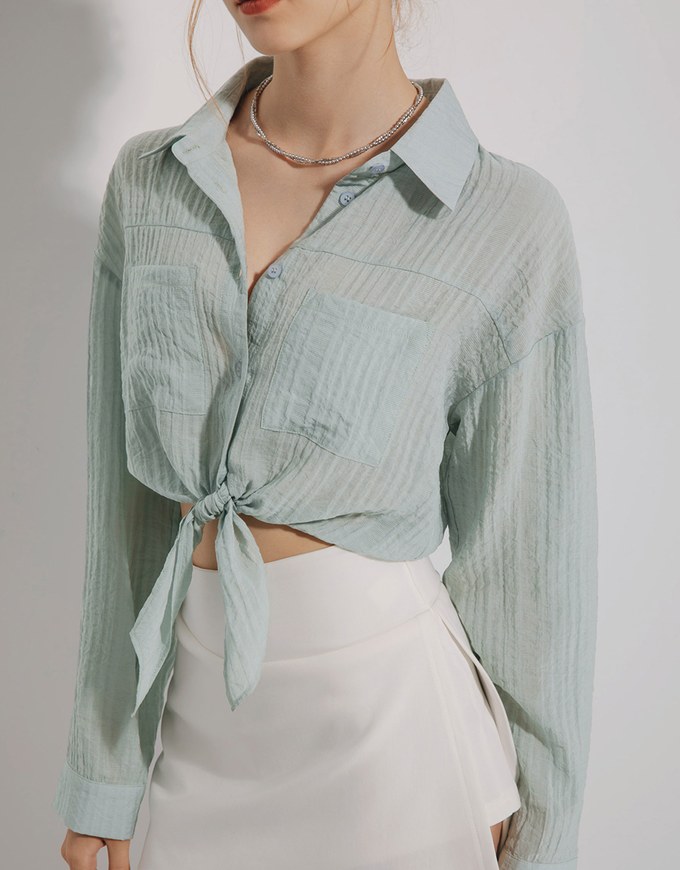 Wrinkled Sheer Tie Front Blouse