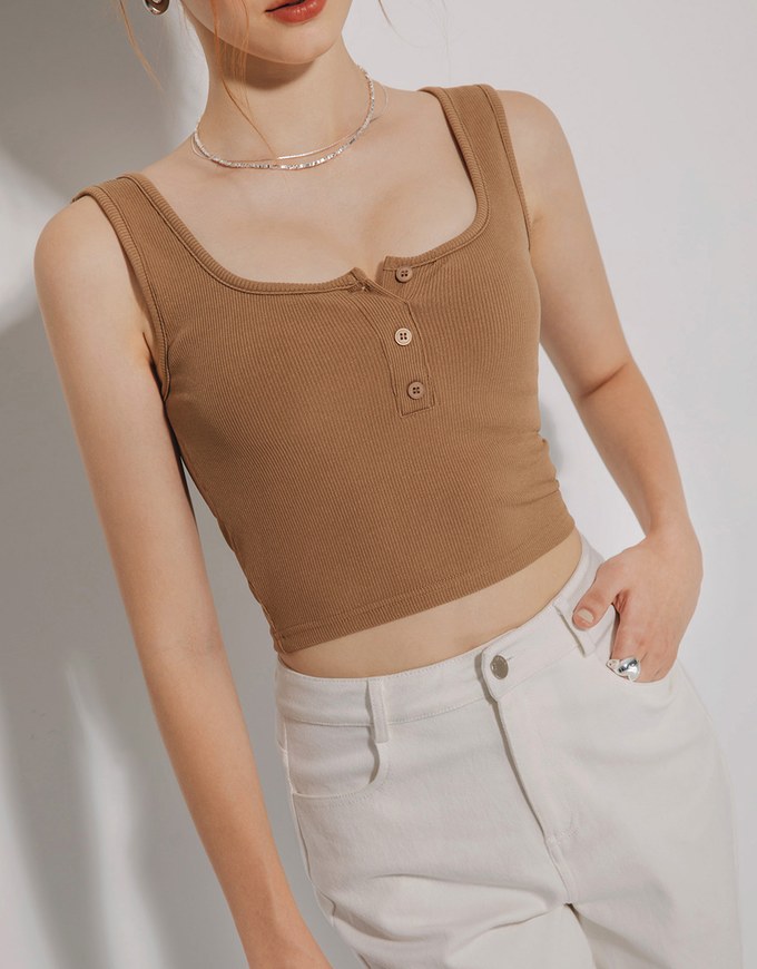 Ribbed Thick Shoulder Shoulder Padded Tank Top