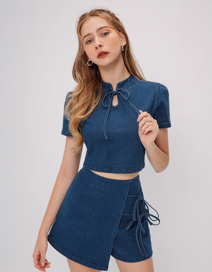 Classic Short Sleeve Jeans Denim Cheongsam Qipao Top