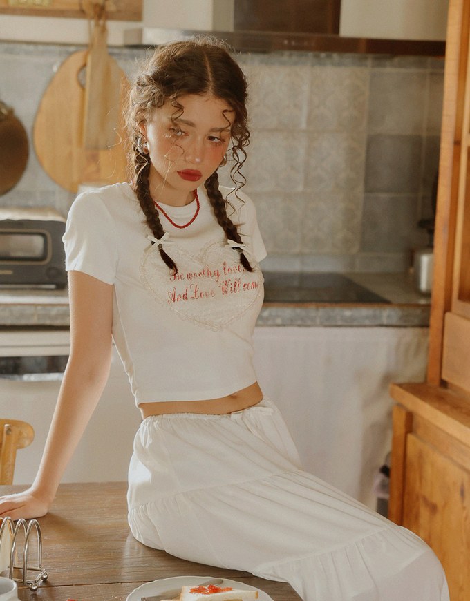 Lace Trim Heart Letter Tee