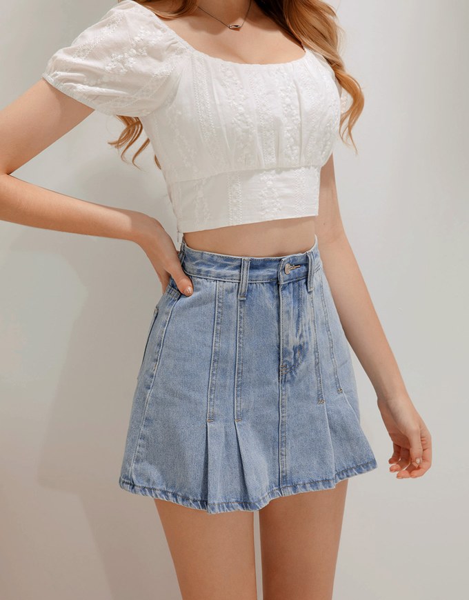 【Den!m LITE】Denim SKORT with Corset Waistline Extra High Waisted Pleated Jeans