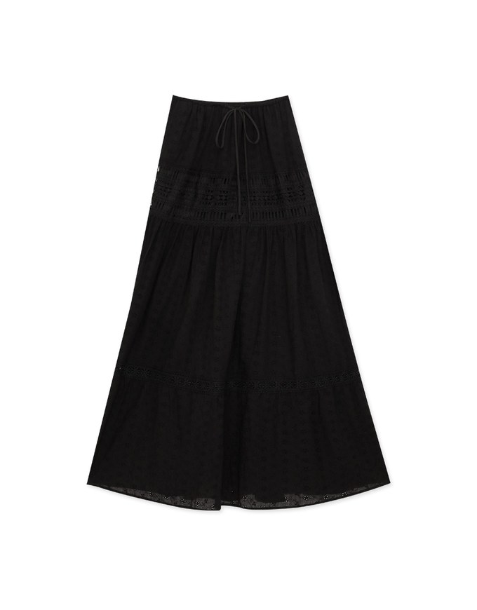 Lace Maxi Long Skirt With Elastic Waistline And Drawstring Tiered & Embroidery Beach Style