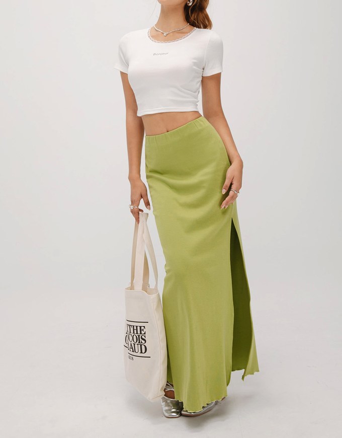 Ruffled Smooth Bodycon Slit Long Skirt AIR SPACE