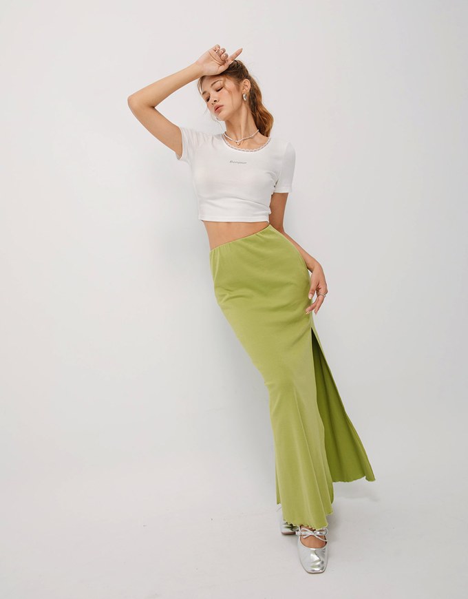 Ruffled Smooth Bodycon Slit Long Skirt