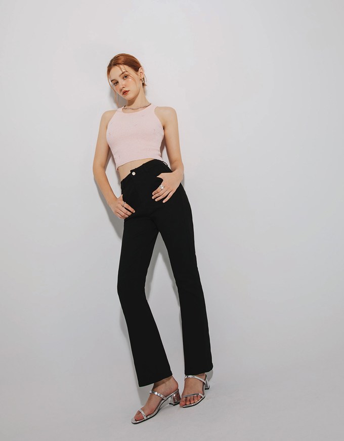 Solid Color Front Slit Jeans Denim Long Pants