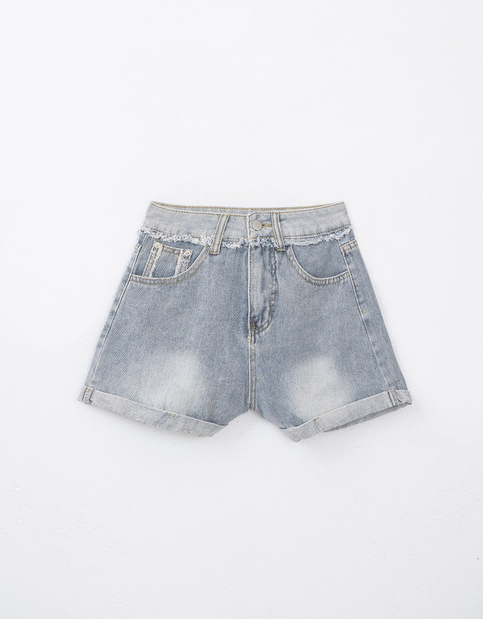 Cuffed Fringe Jeans Denim Shorts