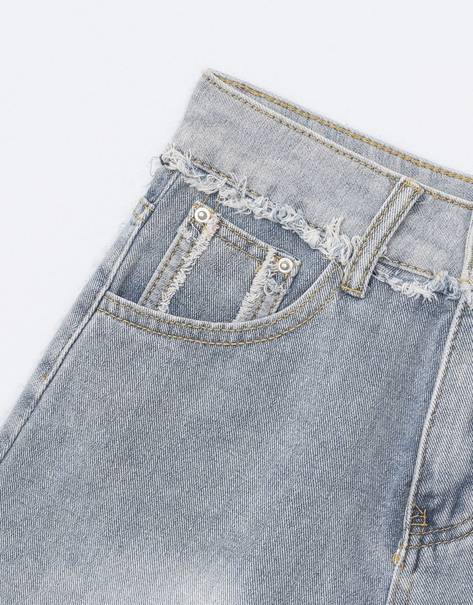 【Den!m LITE】High Waisted Denim Shorts Cuffed Fringe Jeans