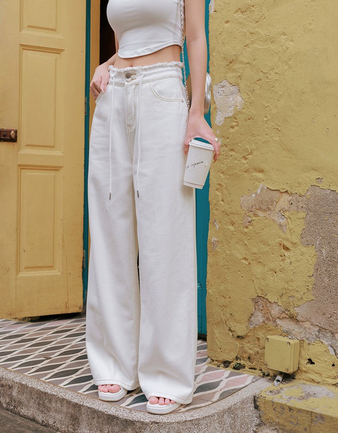 [HXA's Design] Distressed Fringe Jeans Denim High Waist Wide Pants Culottes H08