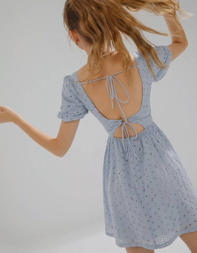 Embroidered Lace Hollow Tie Back Mini Dress