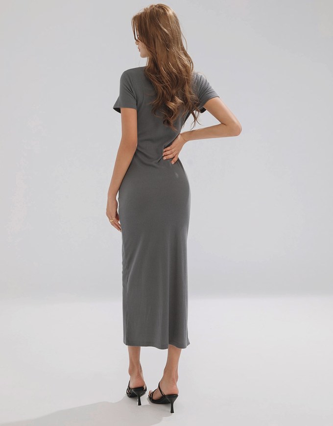 V Neck Ribbed Side Slit Bodycon Maxi Dress