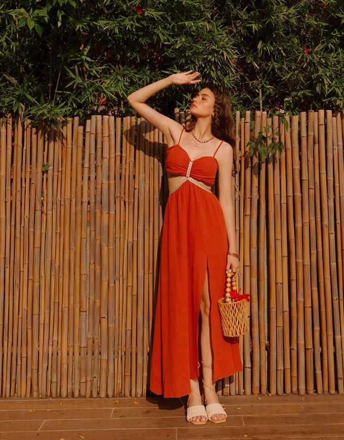 Bohemian Boho Style Hollow Slit Padded Maxi Dress