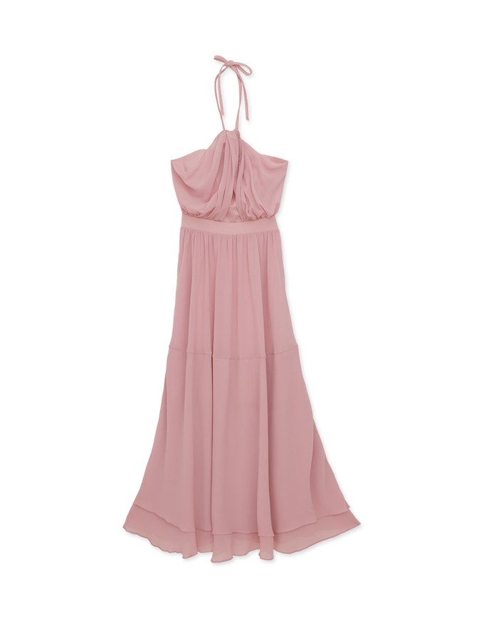 Semi Sheer Halter Chiffon Padded Maxi Dress