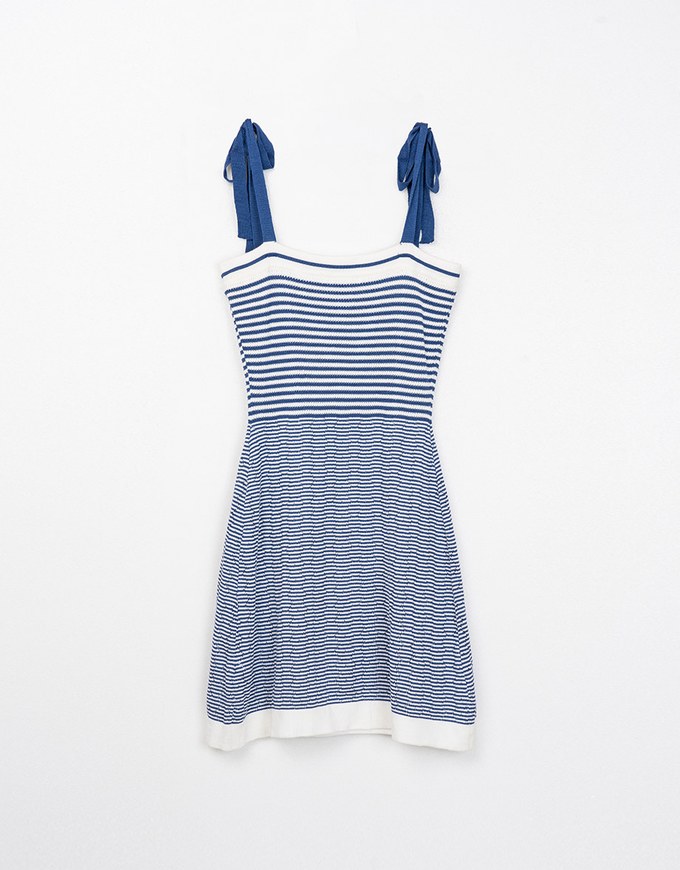 French Striped Knit Tie Mini Dress