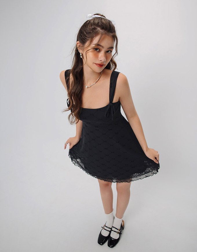 3D Flocking Print Bows & Ribbons Checker Mini Dress