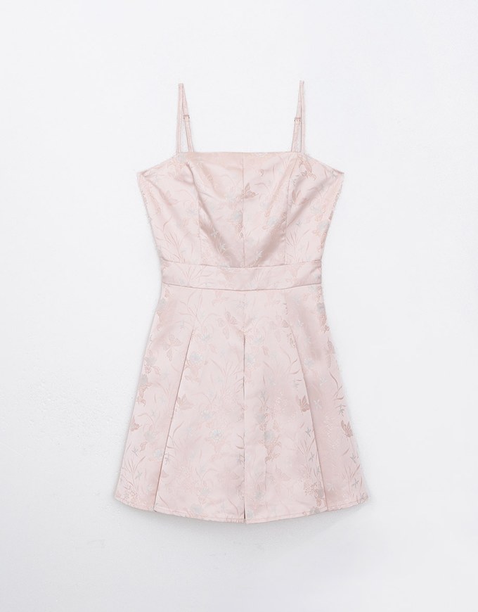 [HXA's Design] Satin Floral Embroidery Pleated Cami Mini Dress H01