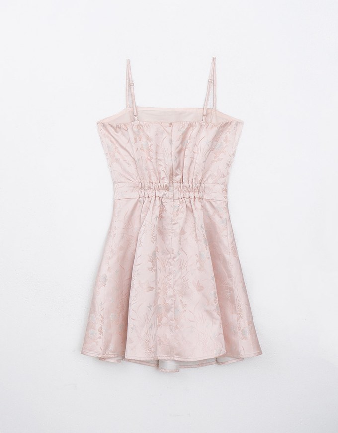 [HXA's Design] Satin Floral Embroidery Pleated Cami Mini Dress H01