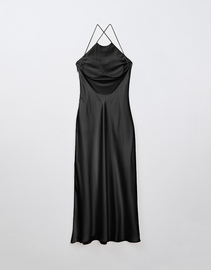 [Mercedes' Design] Satin Hollow Out Low Back Halter Neck Maxi Dress