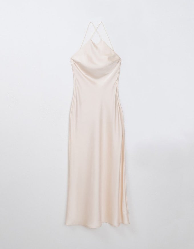 [Mercedes' Design] Satin Hollow Out Low Back Halter Neck Maxi Dress