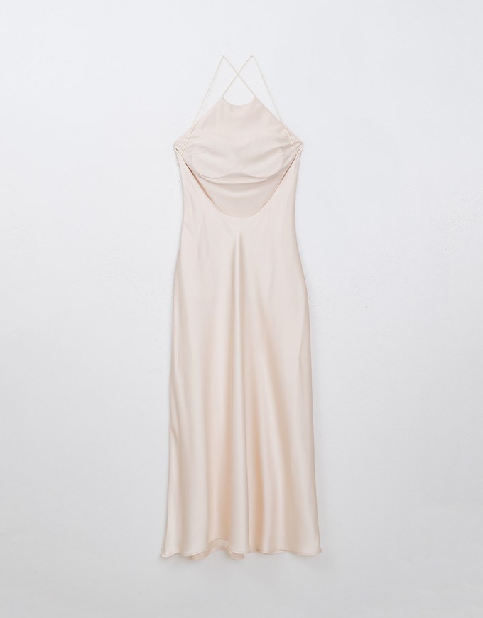 [Mercedes' Design] Satin Hollow Out Low Back Halter Neck Maxi Dress