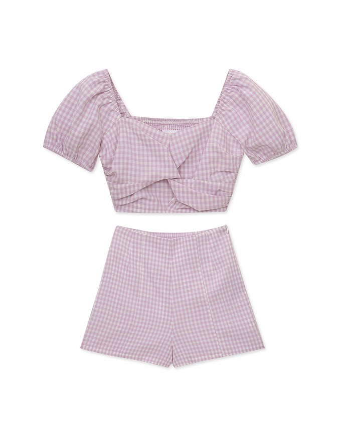 French Plaid Ruched Short Sleeve Set Wear