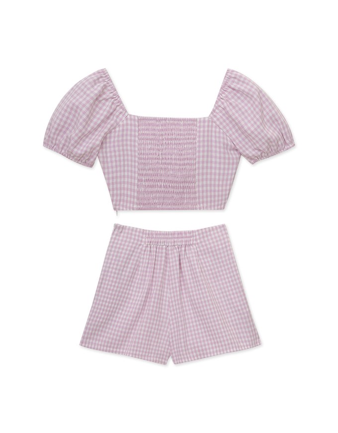 French Plaid Ruched Short Sleeve Set Wear