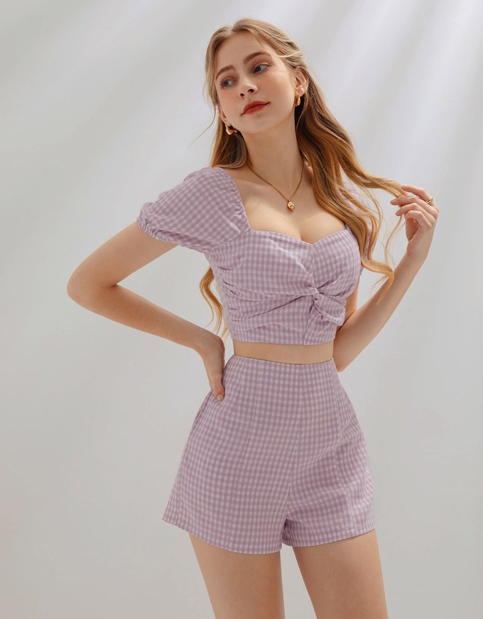 French Plaid Ruched Short Sleeve Set Wear