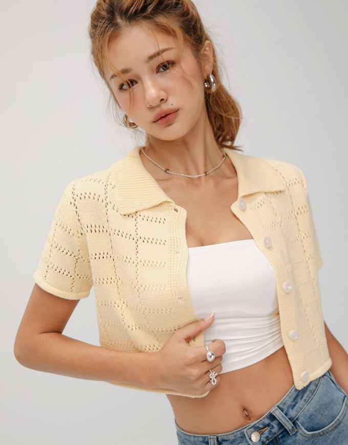 Eyelet Knit Collared Blouse Shirt