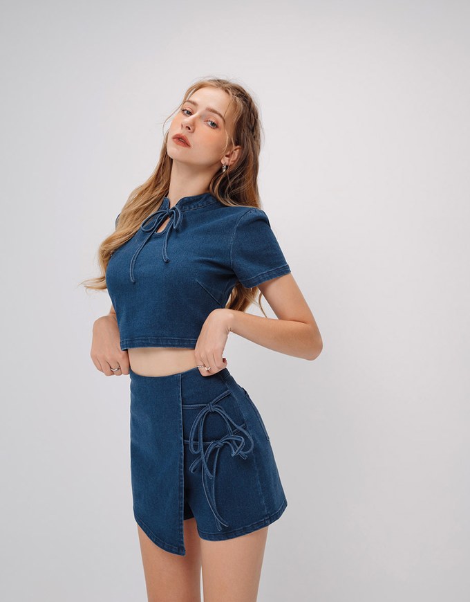 Classic Side Tie Jeans Denim Cheongsam Qipao Skort