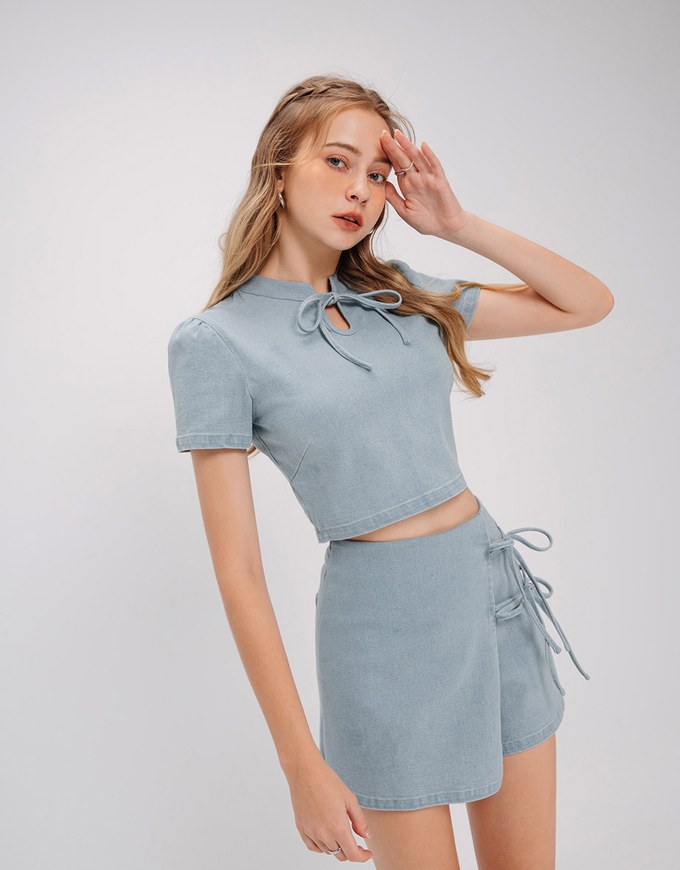 Qipao SKORT Denim Jeans Texture Side Tie Bow Cheongsam Design