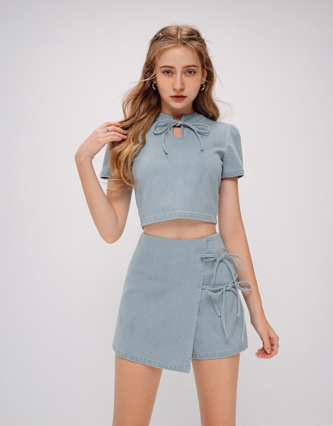 Classic Side Tie Jeans Denim Cheongsam Qipao Skort