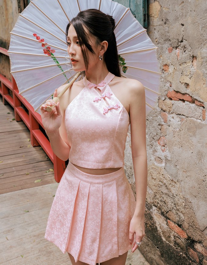 【HXA Design】Qipao SKORTS Satin Floral Embroidery Pleated Cheongsam Preppy Skirt H03