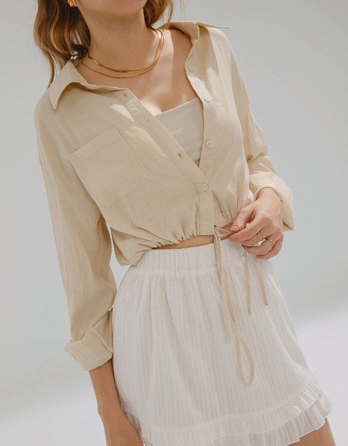 Sheer Drawstring Open Collar Blouse