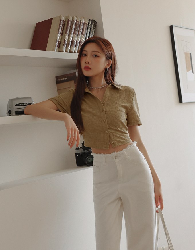 Crinkled Collared Short Sleeve Blouse