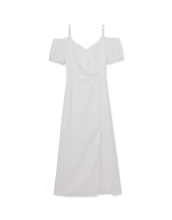 Elegant Pearl Strap Puff Sleeve Maxi Dress