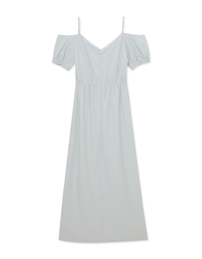 Elegant Pearl Strap Puff Sleeve Maxi Dress