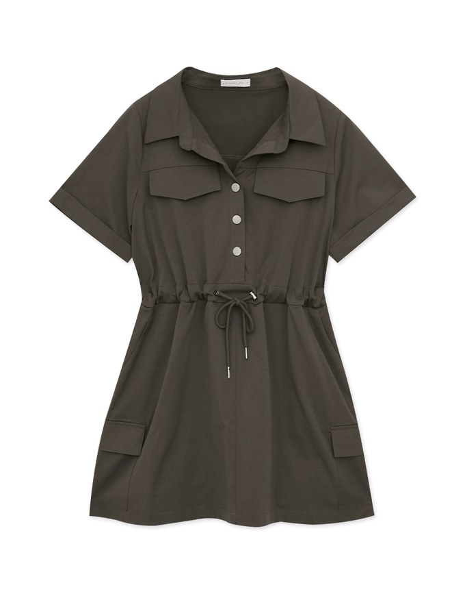 Open Collar Buttoned Drawstring Mini Dress