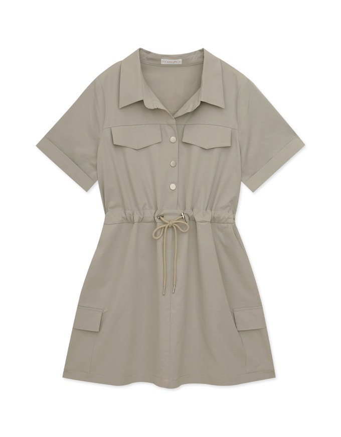 Open Collar Buttoned Drawstring Mini Dress